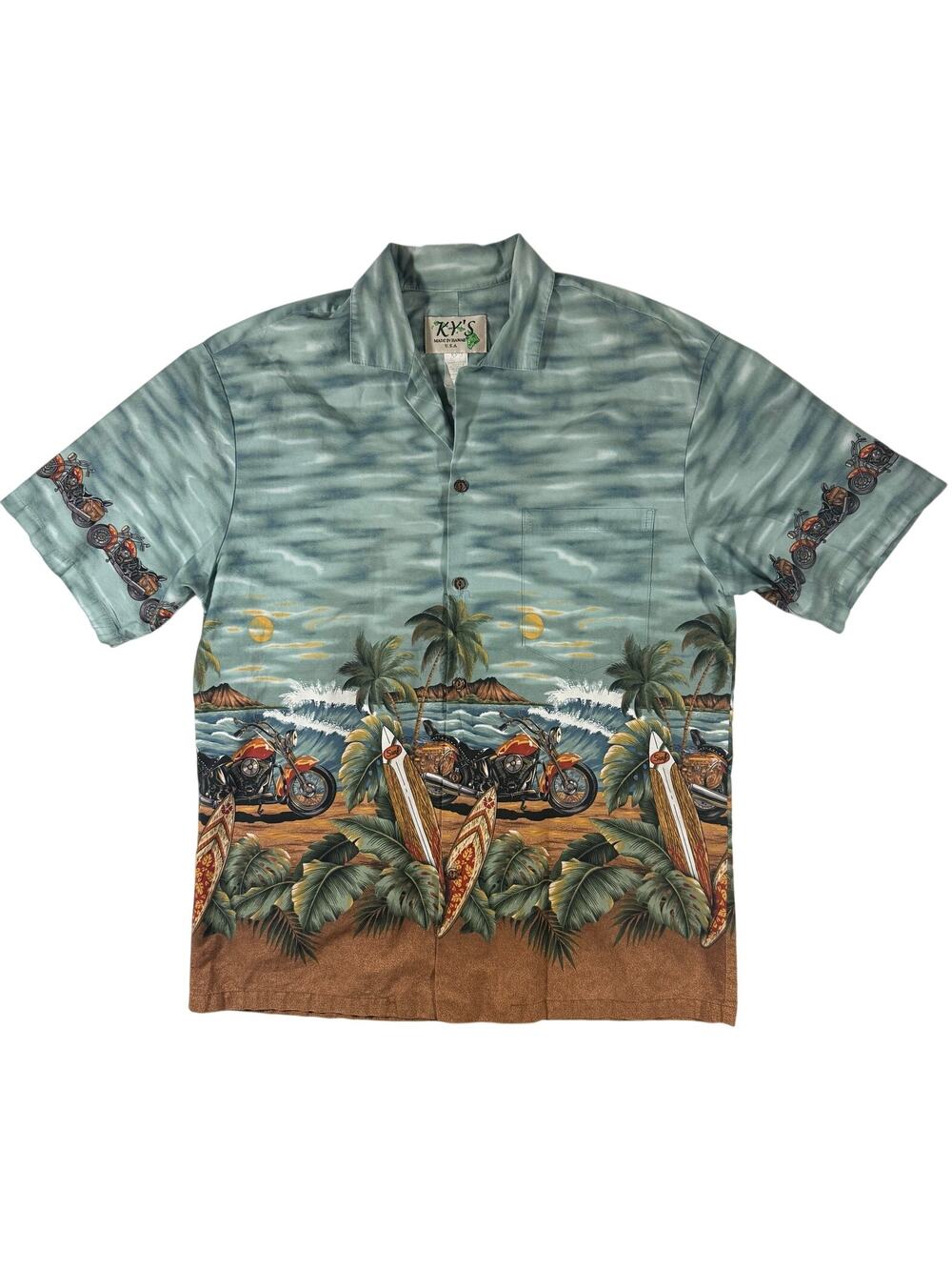 Vintage 90s KY's Hawaiian Button Down Shirt Men's Large Surfboard Motorcycle USA